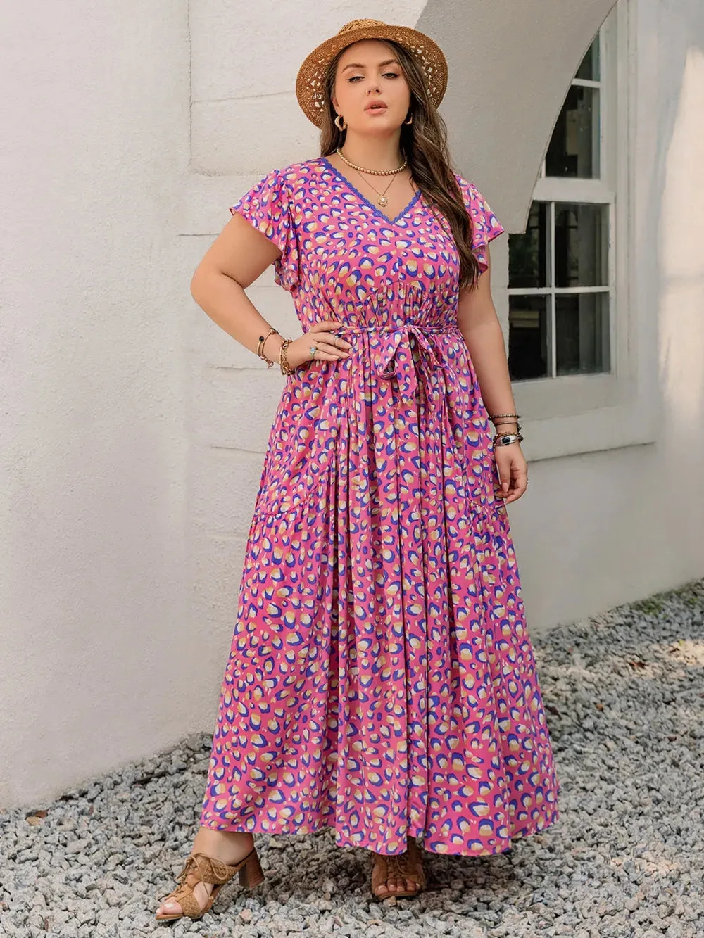 Plus Size Printed V-Neck Flutter Sleeve Tie Waist Maxi Dress sold by Gigi Laurent product image thumbnail 2