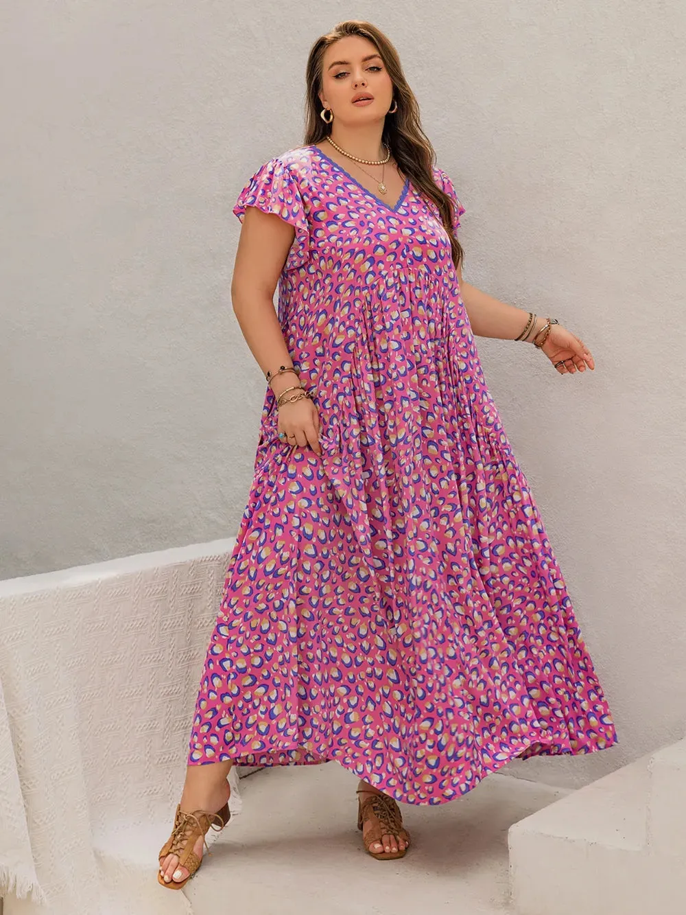 Plus Size Printed V-Neck Flutter Sleeve Tie Waist Maxi Dress sold by Gigi Laurent product image thumbnail 5