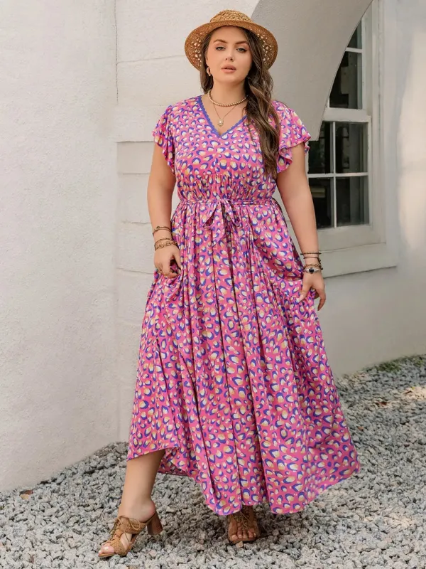 Plus Size Printed V-Neck Flutter Sleeve Tie Waist Maxi Dress sold by Gigi Laurent