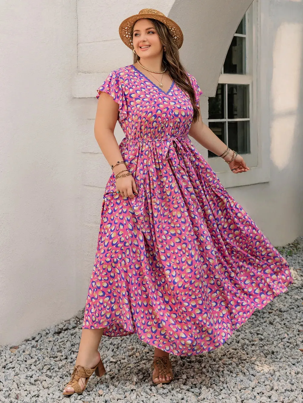 Plus Size Printed V-Neck Flutter Sleeve Tie Waist Maxi Dress sold by Gigi Laurent product image thumbnail 3