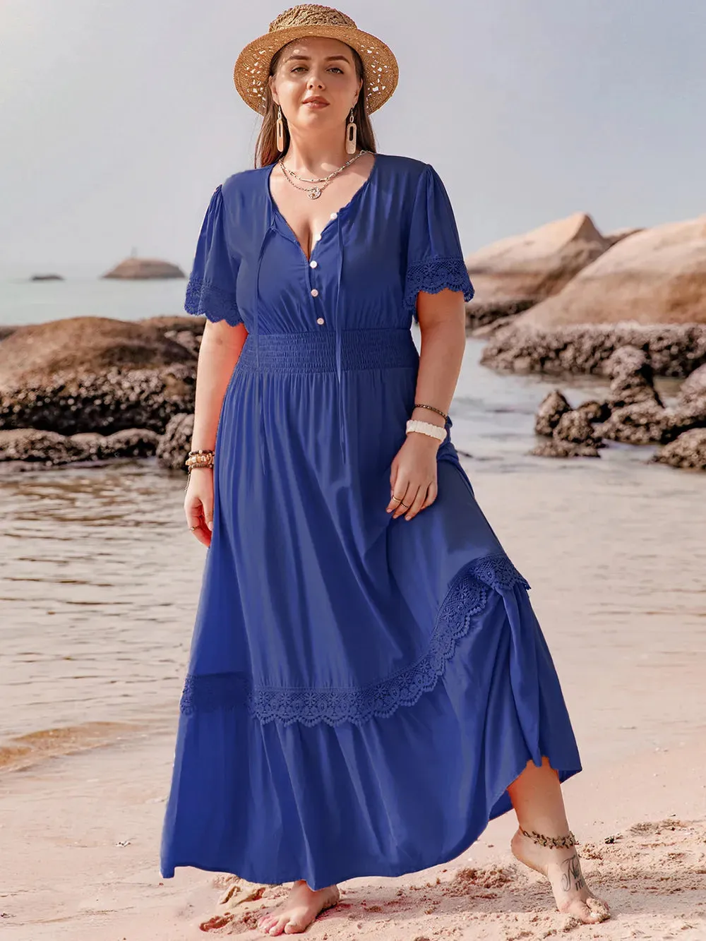 Plus Size Lace Detail Tie Neck Short Sleeve Maxi Dress sold by Gigi Laurent product image thumbnail 5