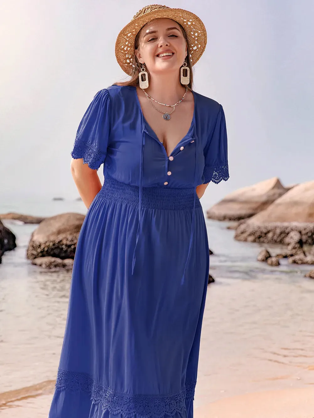 Plus Size Lace Detail Tie Neck Short Sleeve Maxi Dress sold by Gigi Laurent product image thumbnail 3