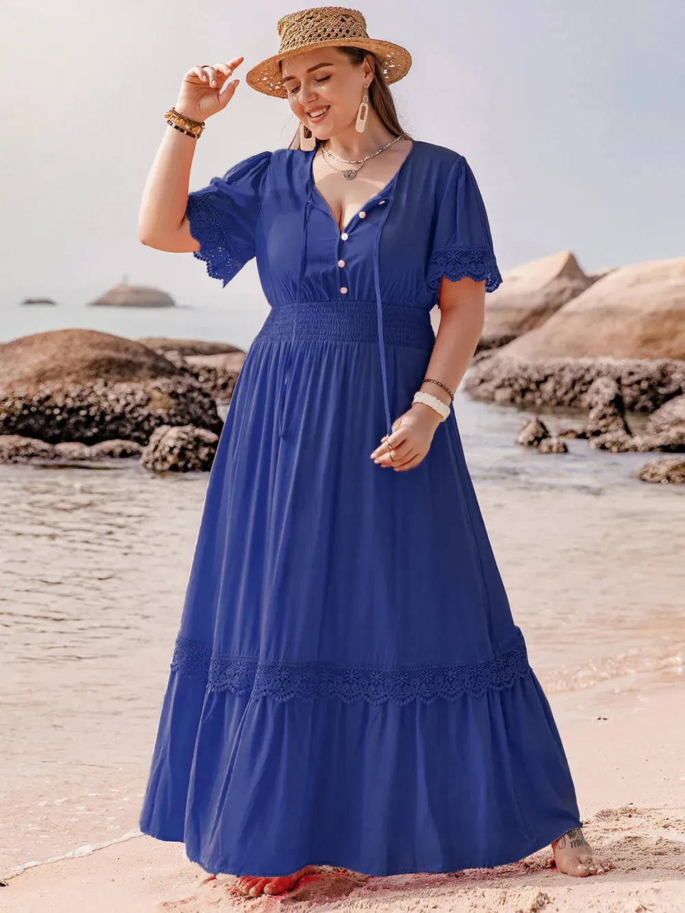 Plus Size Lace Detail Tie Neck Short Sleeve Maxi Dress sold by Gigi Laurent product image thumbnail 4