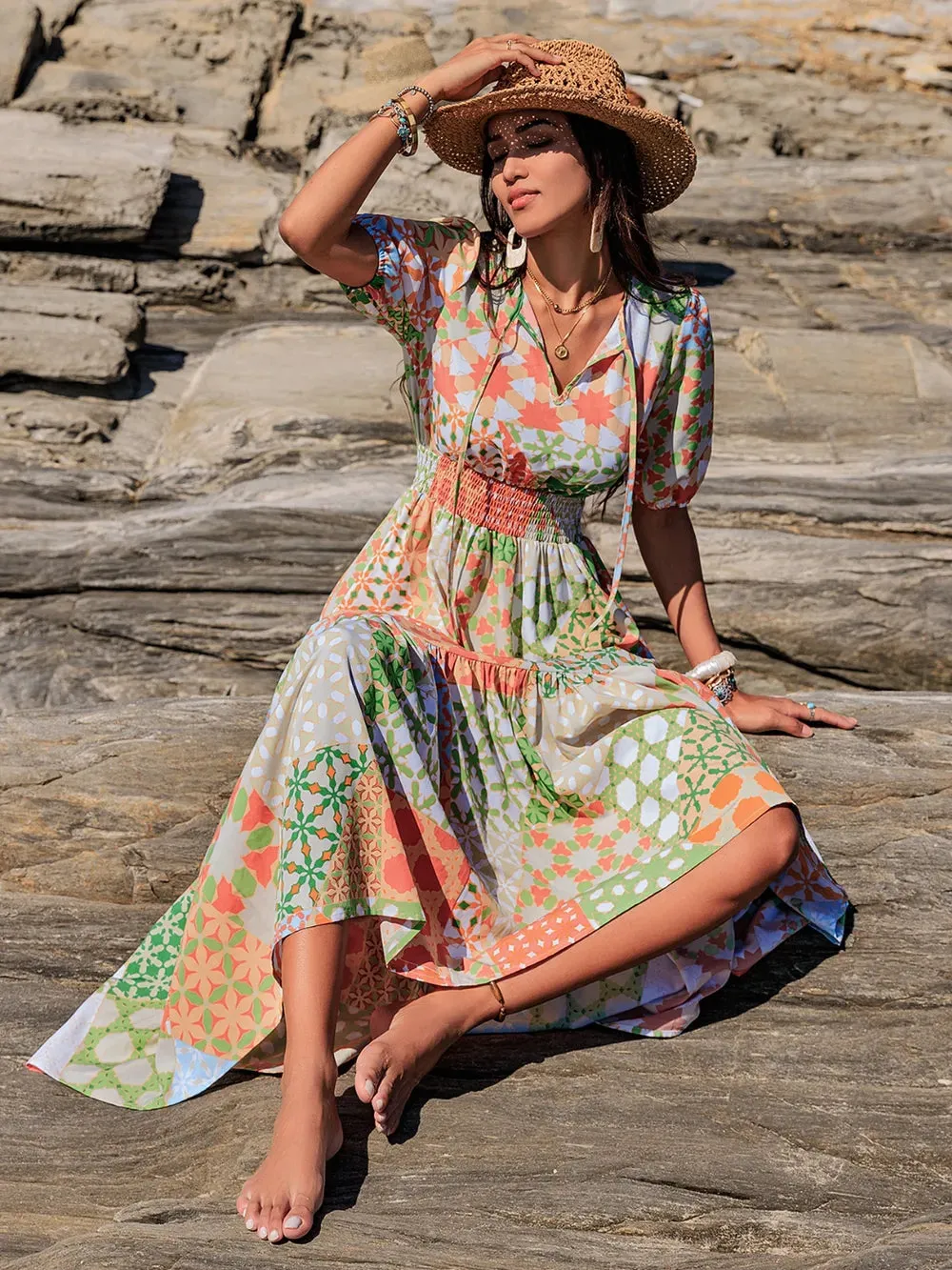 Printed Smocked Waist Short Sleeve Maxi Dress sold by Gigi Laurent product image thumbnail 5