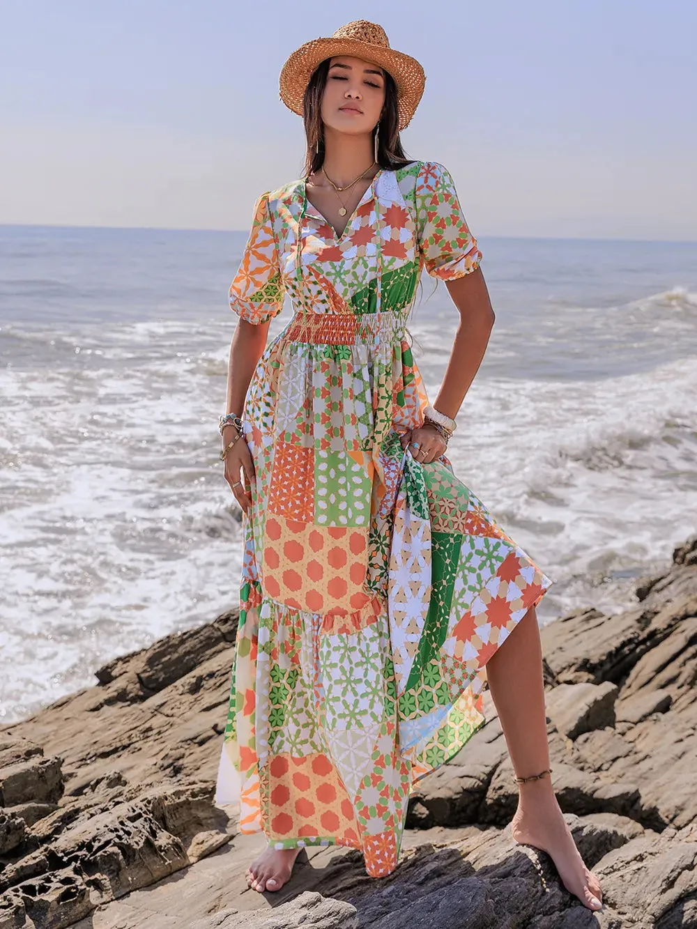 Printed Smocked Waist Short Sleeve Maxi Dress sold by Gigi Laurent product image thumbnail 4