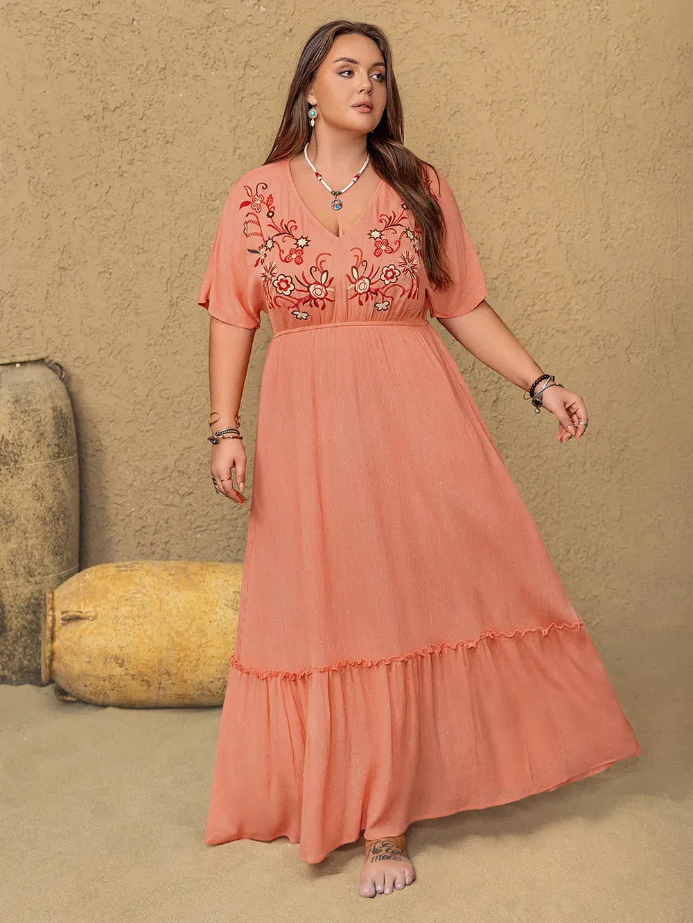 Plus Size Frill Embroidered V-Neck Half Sleeve Maxi Dress sold by Gigi Laurent product image thumbnail 5