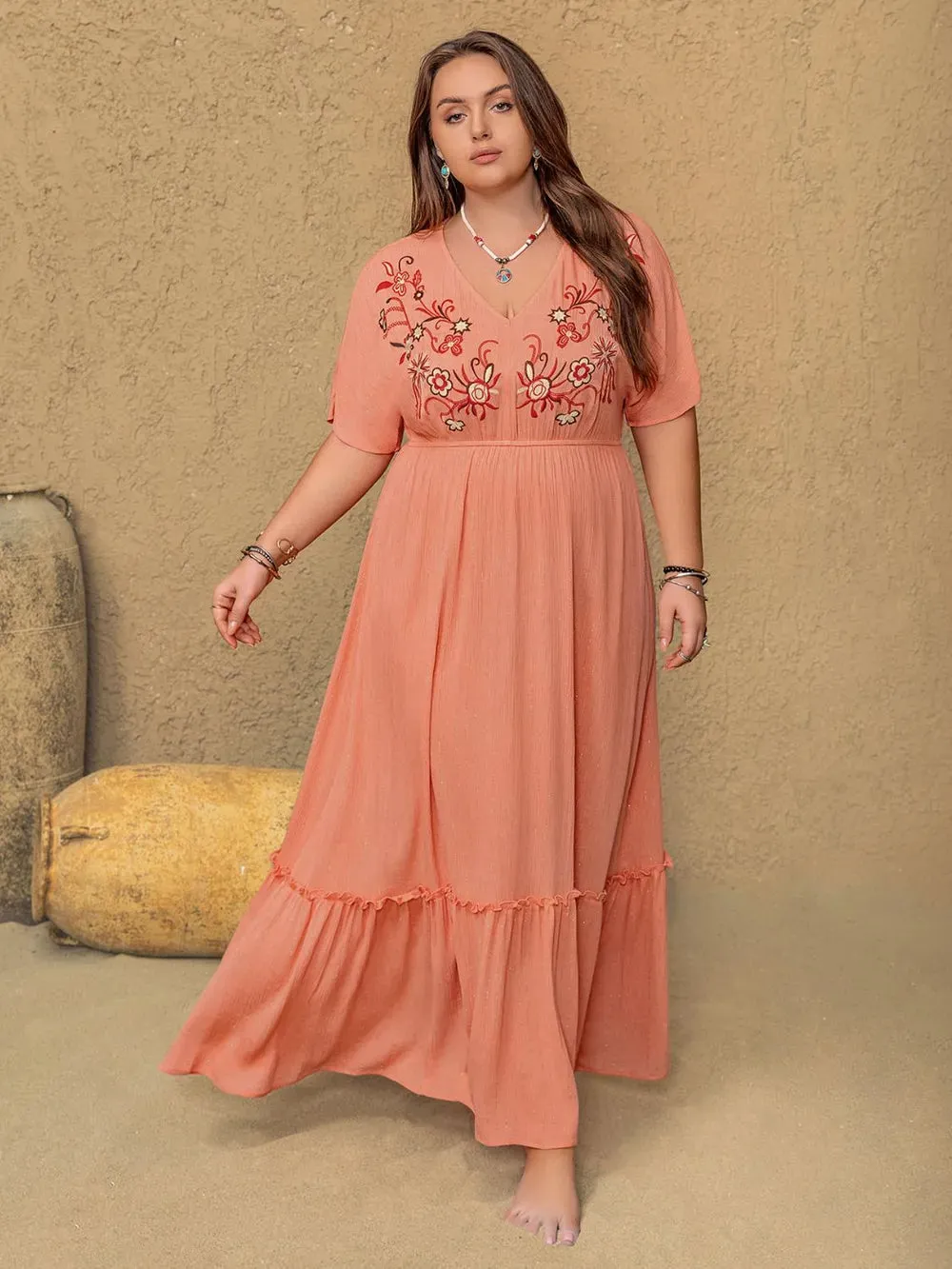 Plus Size Frill Embroidered V-Neck Half Sleeve Maxi Dress sold by Gigi Laurent