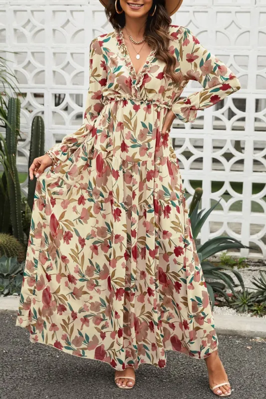 Floral Frill Trim Flounce Sleeve Plunge Maxi Dress sold by Gigi Laurent