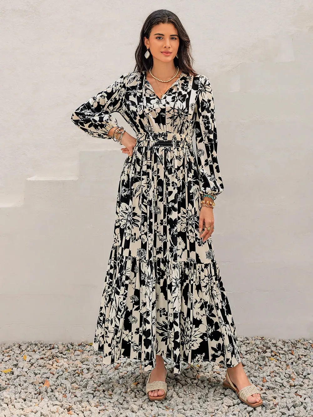 Smocked Printed Tie Neck Long Sleeve Dress sold by Gigi Laurent product image thumbnail 5