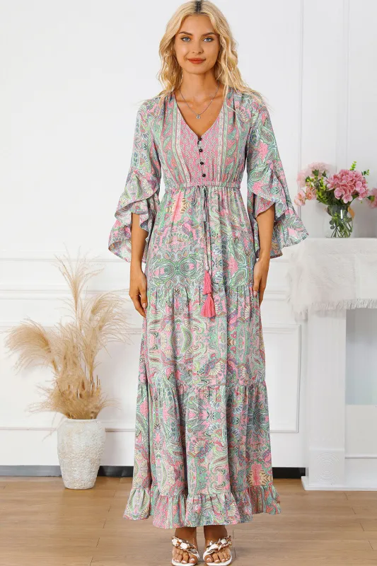 Printed Tassel Tie V-Neck Tiered Dress made by Trendsi