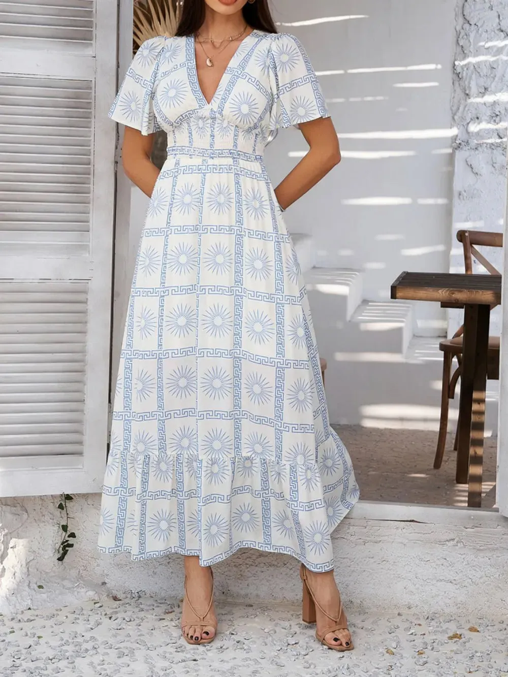 Devine Smocked Printed V-Neck Short Sleeve Maxi Dress sold by Gigi Laurent product image thumbnail 2