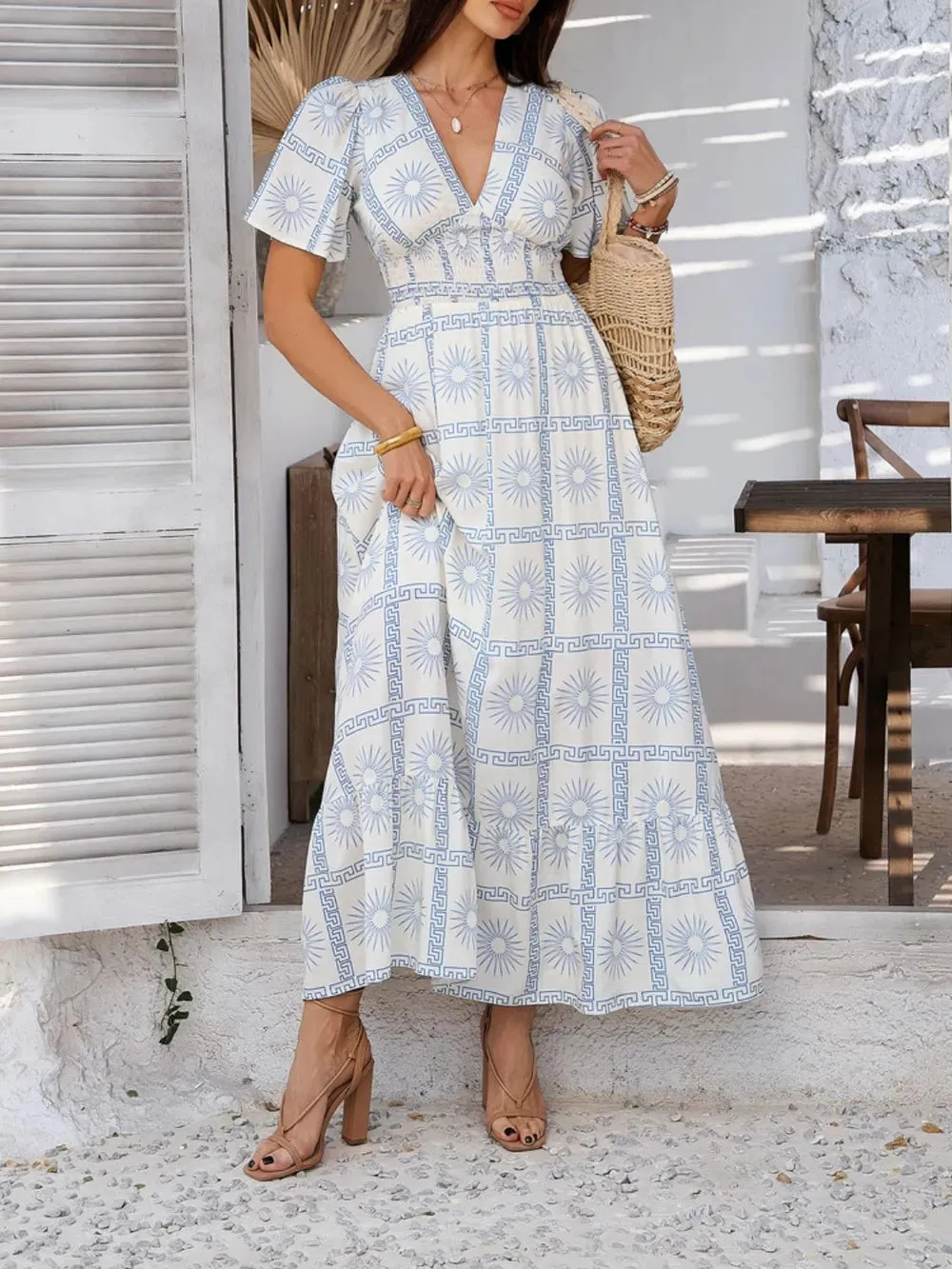 Devine Smocked Printed V-Neck Short Sleeve Maxi Dress sold by Gigi Laurent product image thumbnail 3