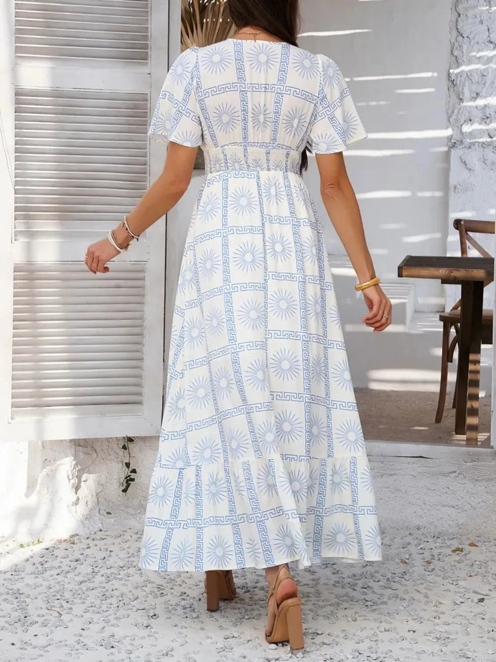 Devine Smocked Printed V-Neck Short Sleeve Maxi Dress sold by Gigi Laurent product image thumbnail 5