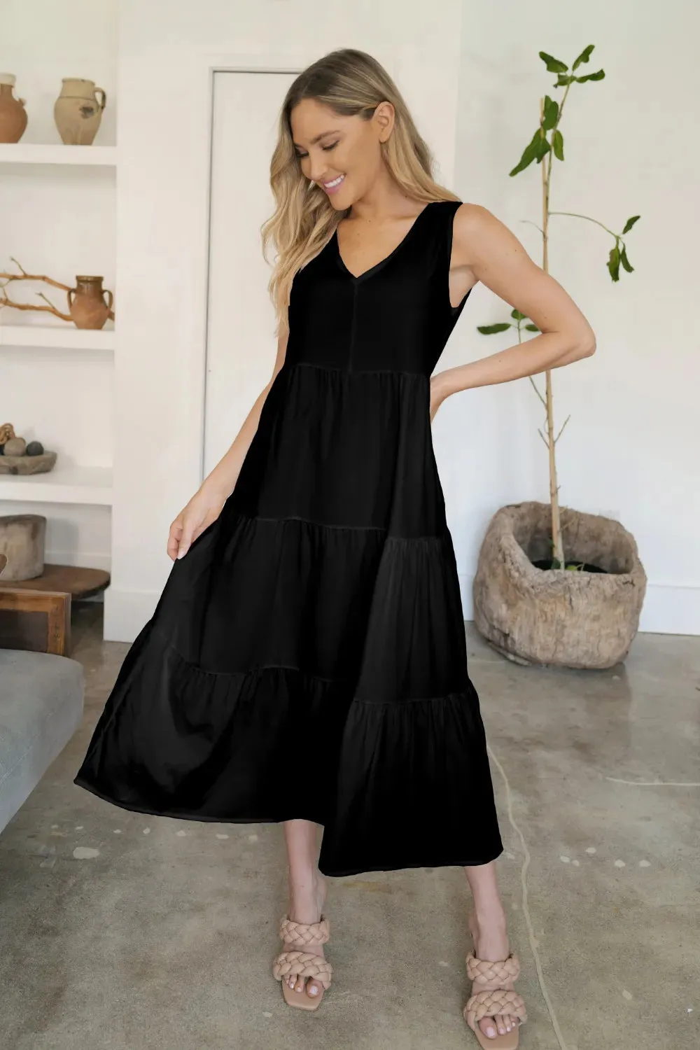 FAM-FAM Tiered V-Neck Sleeveless Dress sold by Gigi Laurent