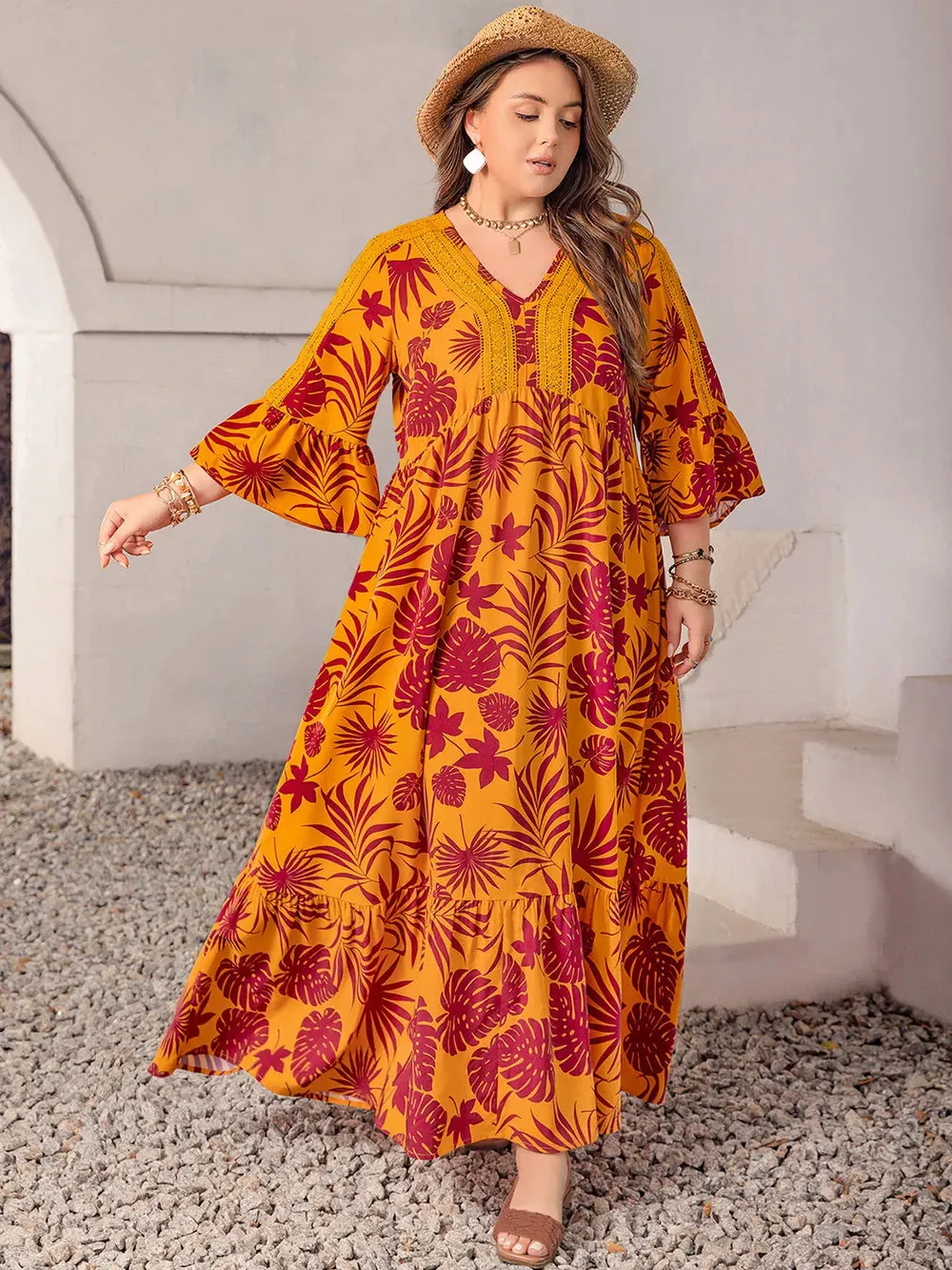 Plus Size Lace Detail Printed V-Neck Maxi Dress sold by Gigi Laurent product image thumbnail 3