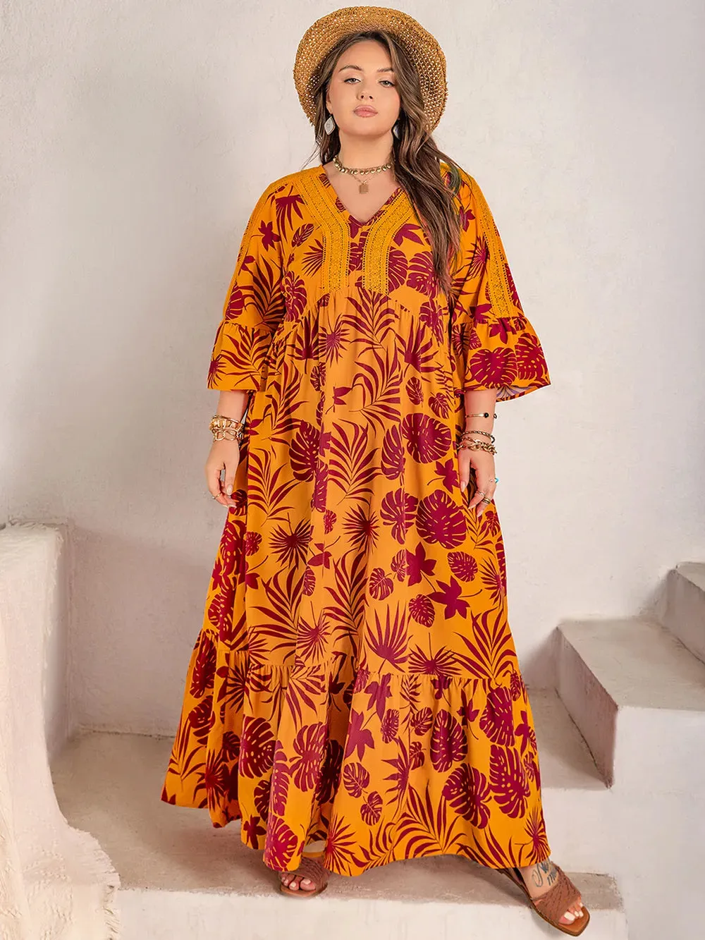 Plus Size Lace Detail Printed V-Neck Maxi Dress sold by Gigi Laurent product image thumbnail 4