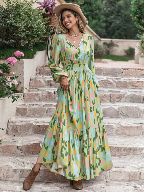 Printed Tie Neck Long Sleeve Maxi Dress sold by Gigi Laurent