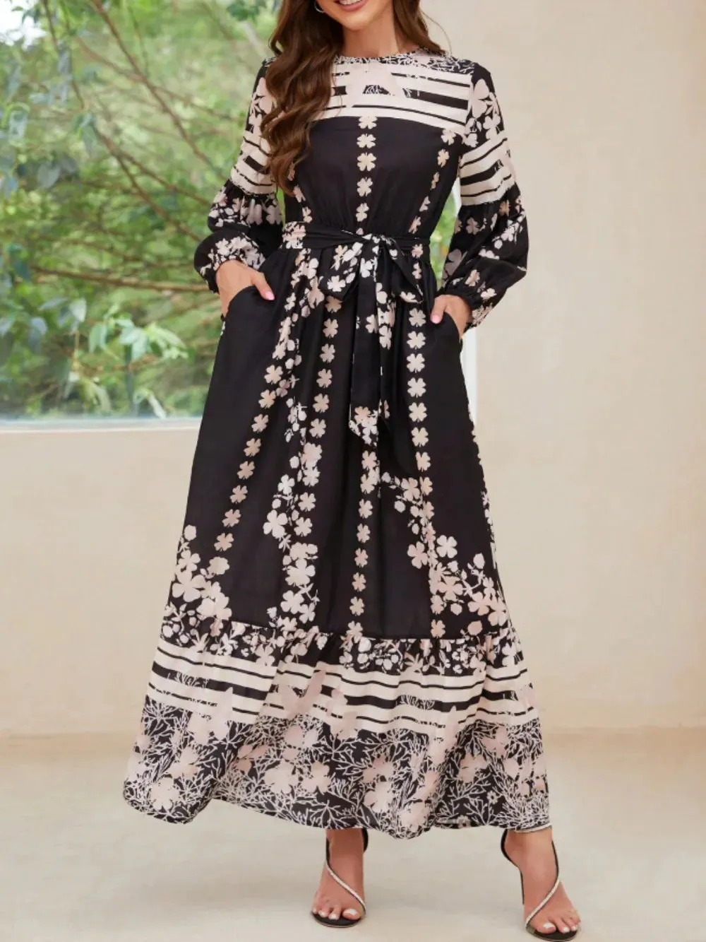 Printed Round Neck Long Sleeve Maxi Dress with Pockets sold by Gigi Laurent