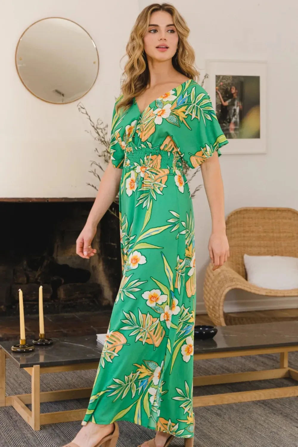 ODDI Full Size Floral Smocked Tied Back Maxi Dress sold by Gigi Laurent