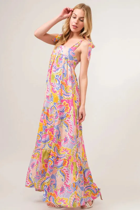 And The Why Full Size Printed Tie Shoulder Tiered Maxi Dress sold by Gigi Laurent