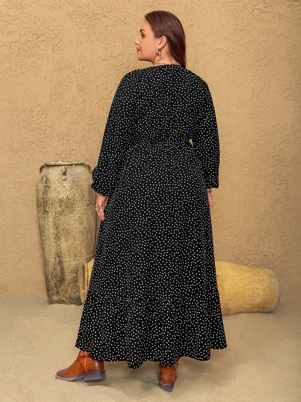 Plus Size Embroidered Polka Dot Notched Long Sleeve Dress sold by Gigi Laurent product image thumbnail 2