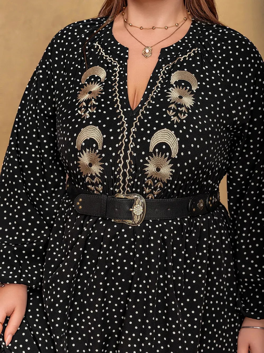 Plus Size Embroidered Polka Dot Notched Long Sleeve Dress sold by Gigi Laurent product image thumbnail 5