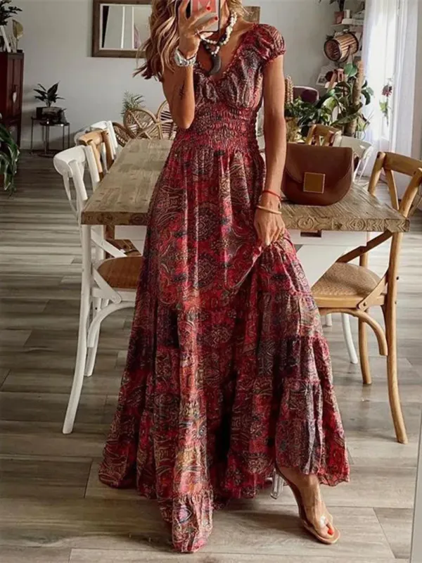 Full Size Smocked Printed V-Neck Short Sleeve Dress sold by Gigi Laurent