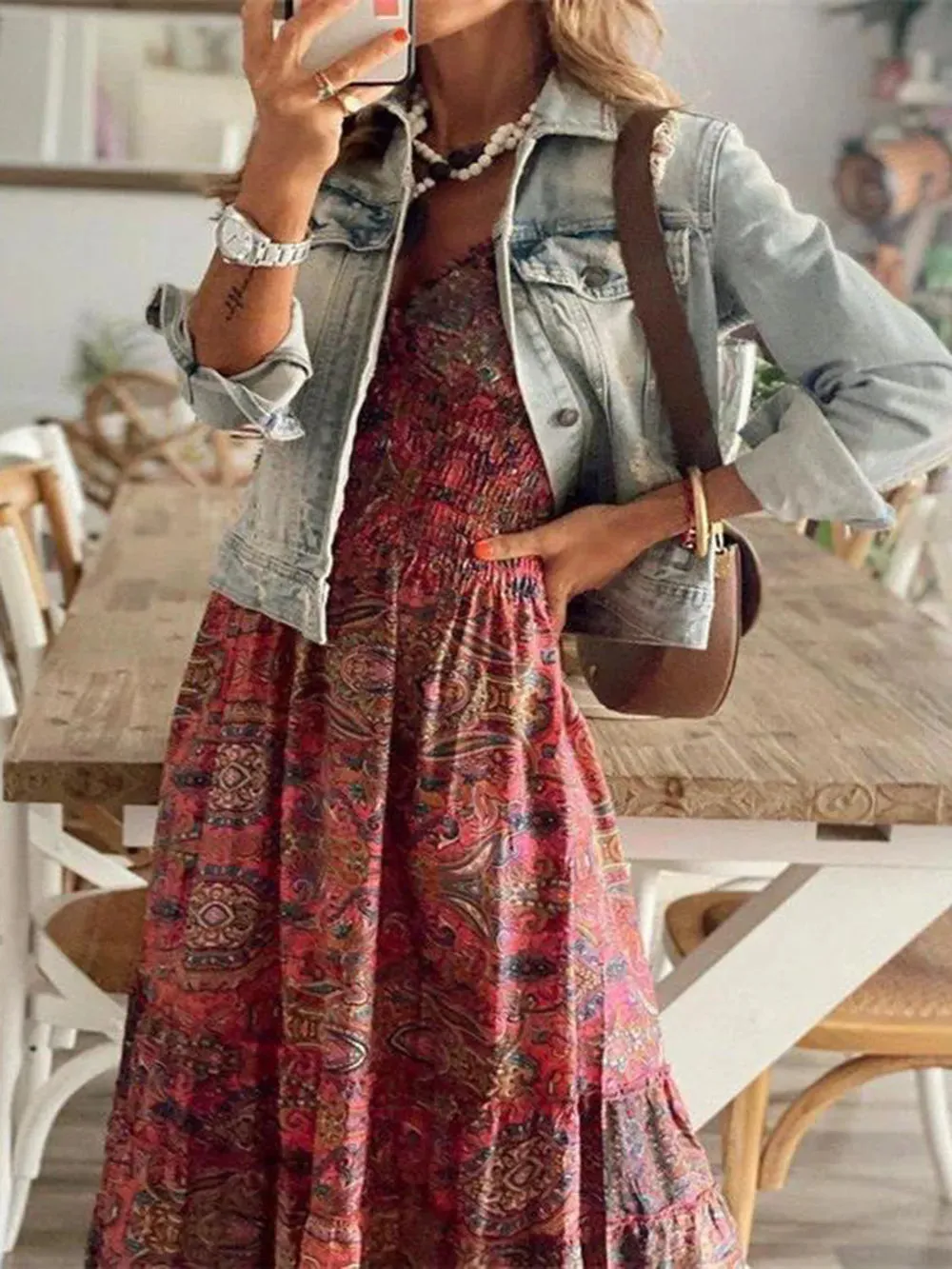 Full Size Smocked Printed V-Neck Short Sleeve Dress sold by Gigi Laurent product image thumbnail 3