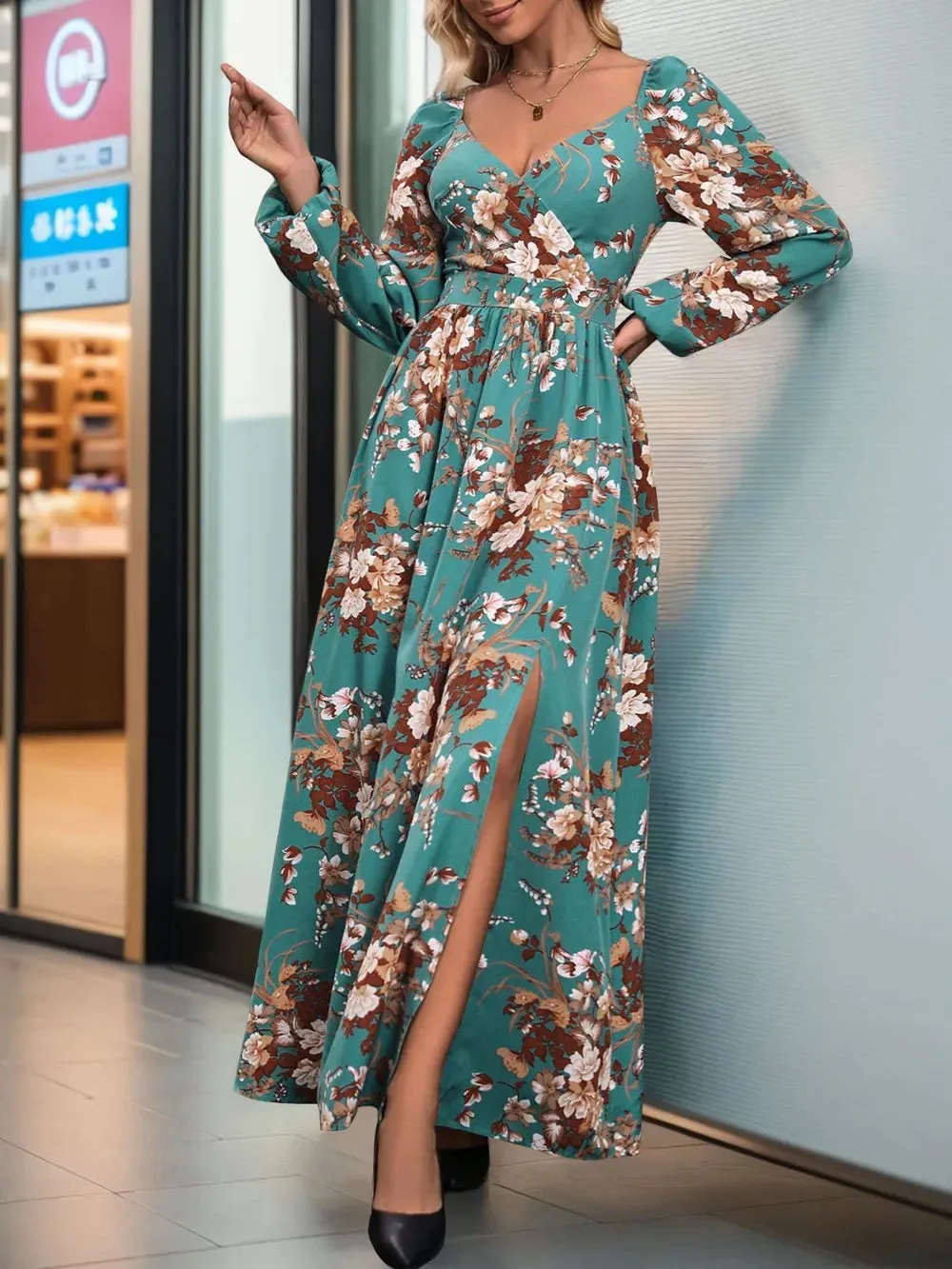 Perfee Slit Printed Surplice Long Sleeve Maxi Dress sold by Gigi Laurent product image thumbnail 5