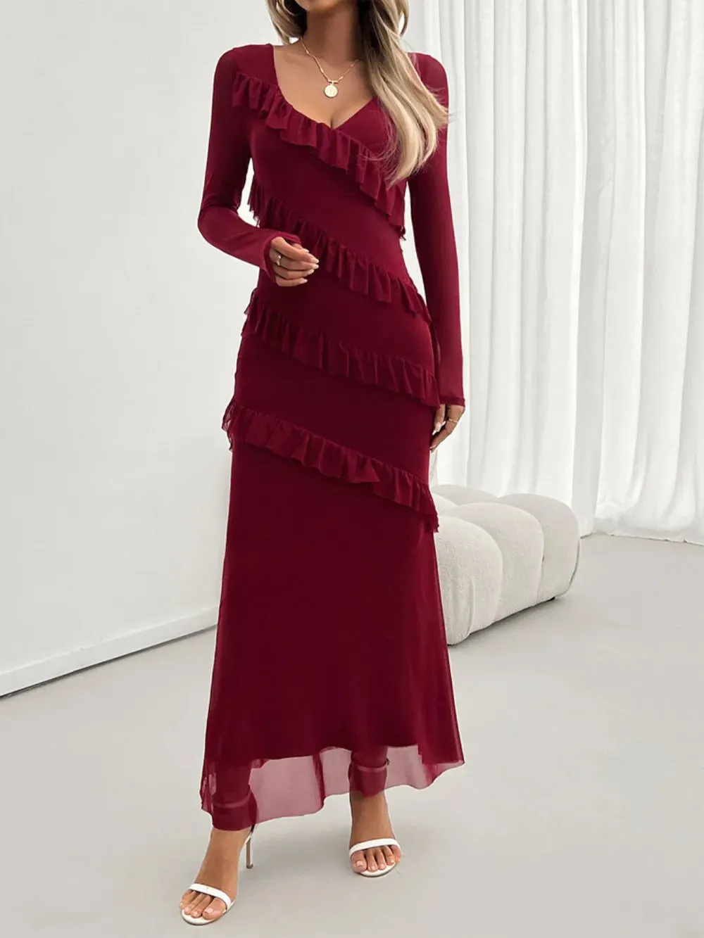 Devine Ruffled Surplice Long Sleeve Maxi Dress sold by Gigi Laurent product image thumbnail 4