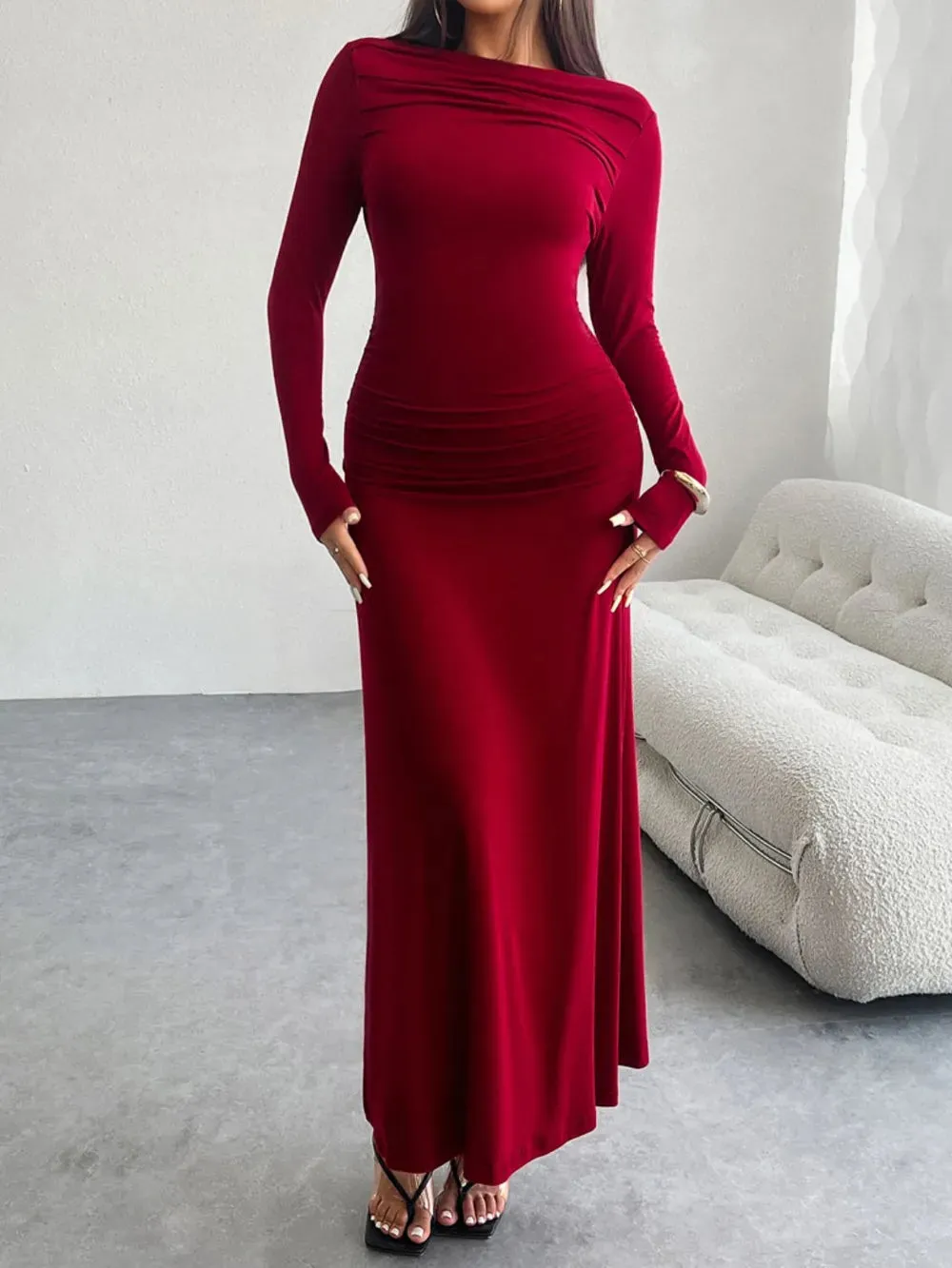 Devine Ruched Long Sleeve Maxi Dress sold by Gigi Laurent