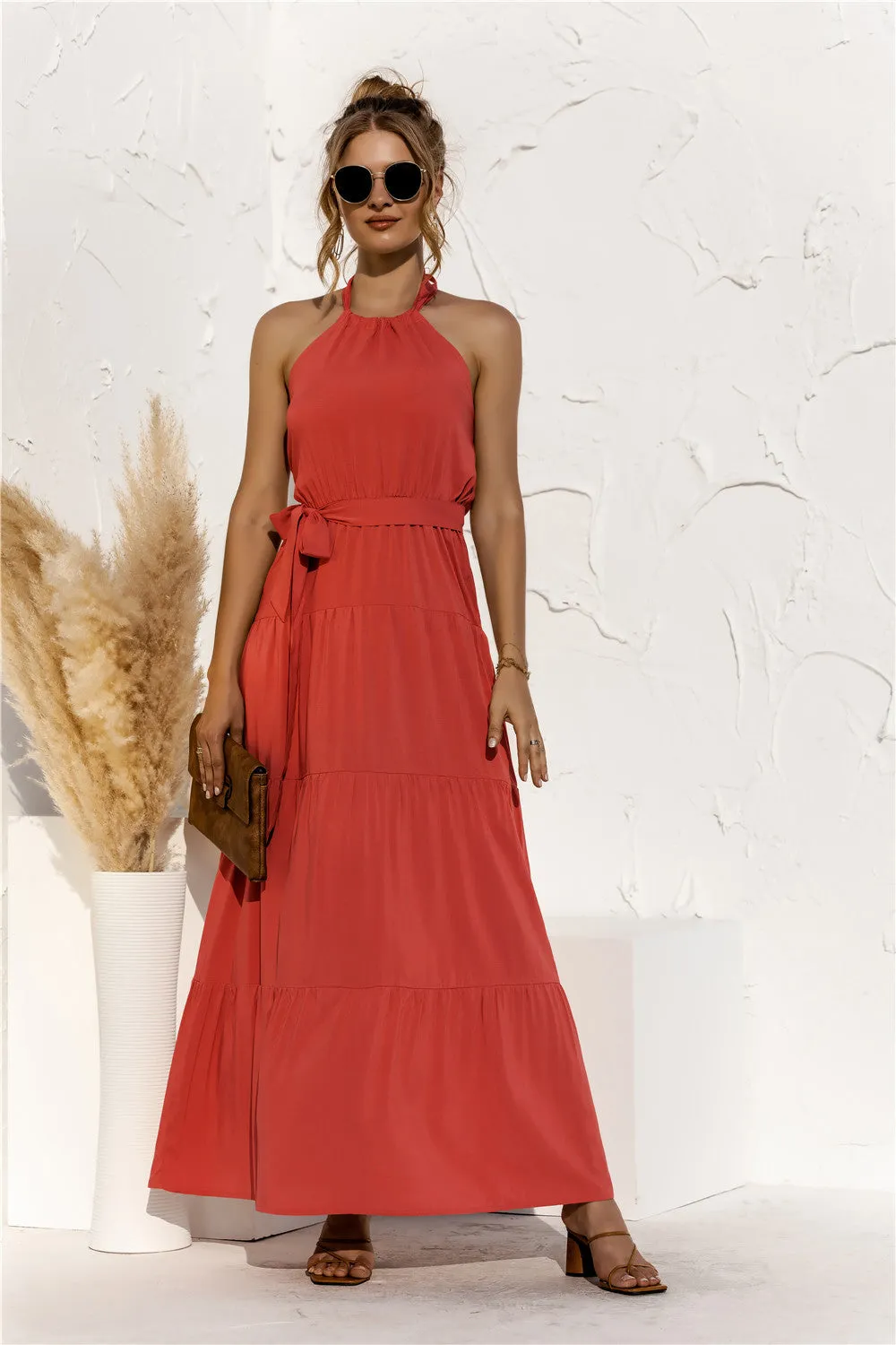 Halter Neck Tie Waist Tiered Maxi Dress sold by Gigi Laurent