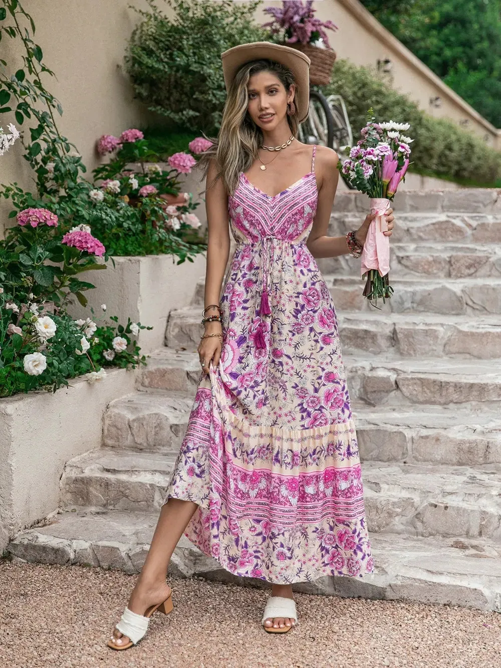 Tassel Printed V-Neck Maxi Dress sold by Gigi Laurent