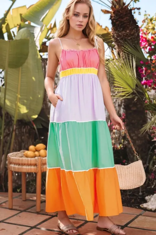 Color Block Flowy Tiered Maxi Dress with Pockets sold by Gigi Laurent