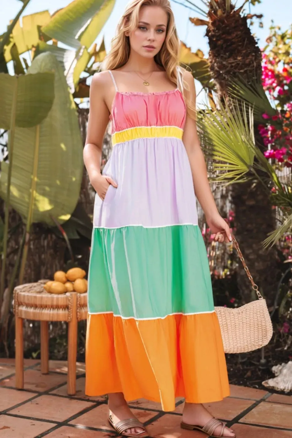 Color Block Flowy Tiered Maxi Dress with Pockets sold by Gigi Laurent