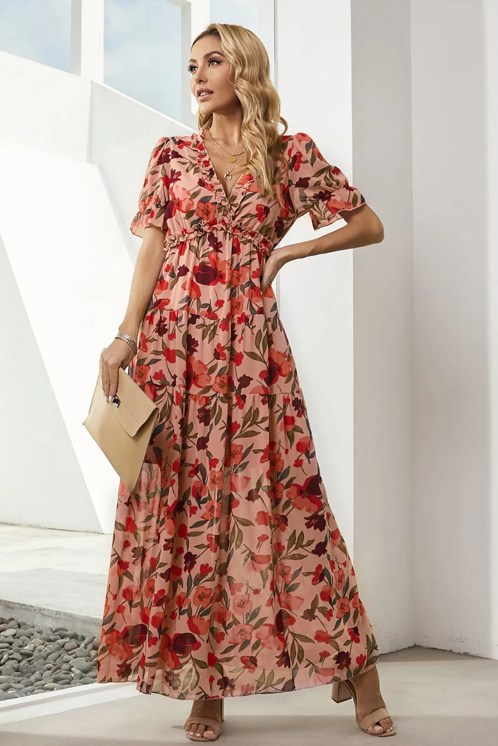 Floral V-Neck Short Flounce Sleeve Dress sold by Gigi Laurent product image thumbnail 4