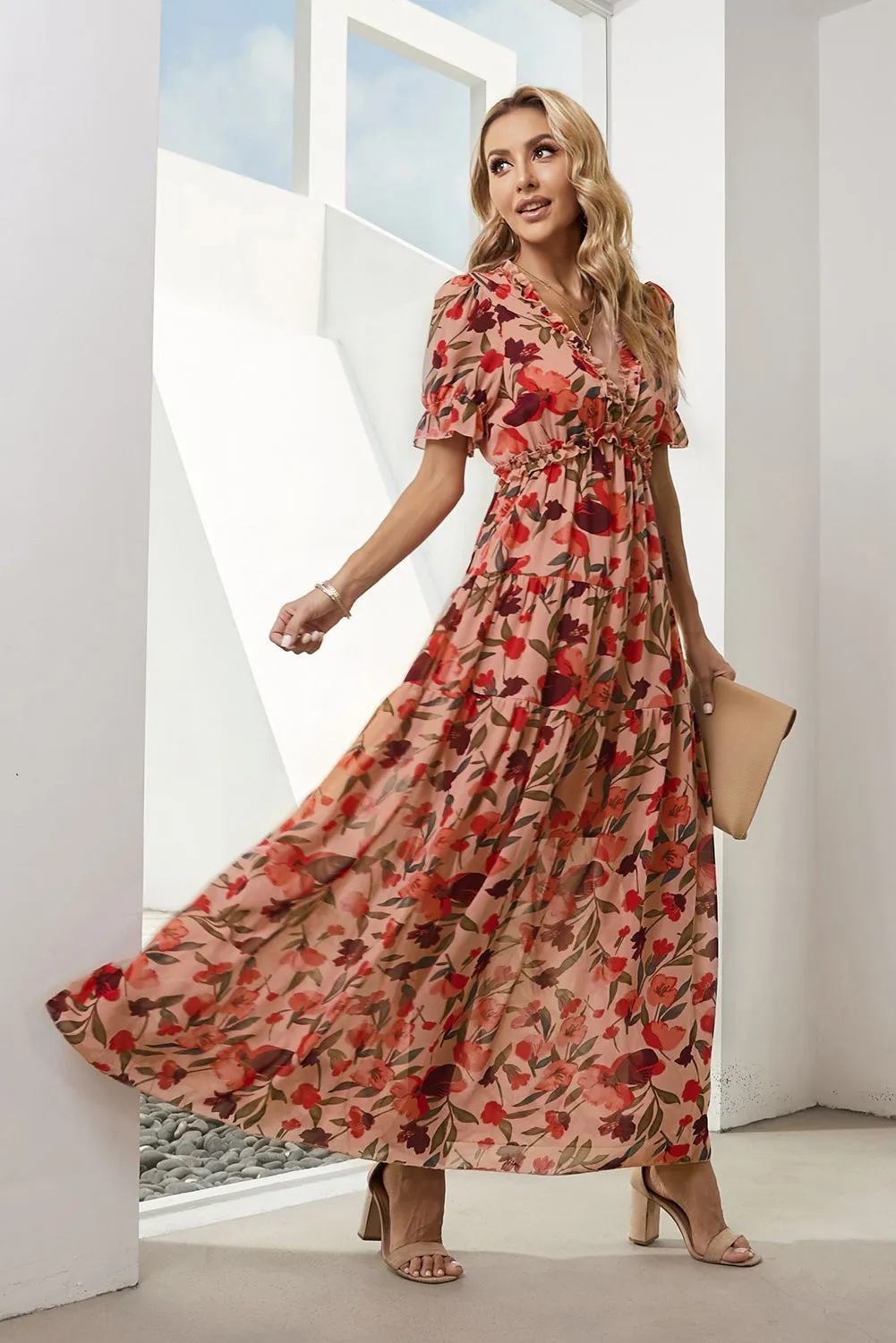 Floral V-Neck Short Flounce Sleeve Dress sold by Gigi Laurent product image thumbnail 3