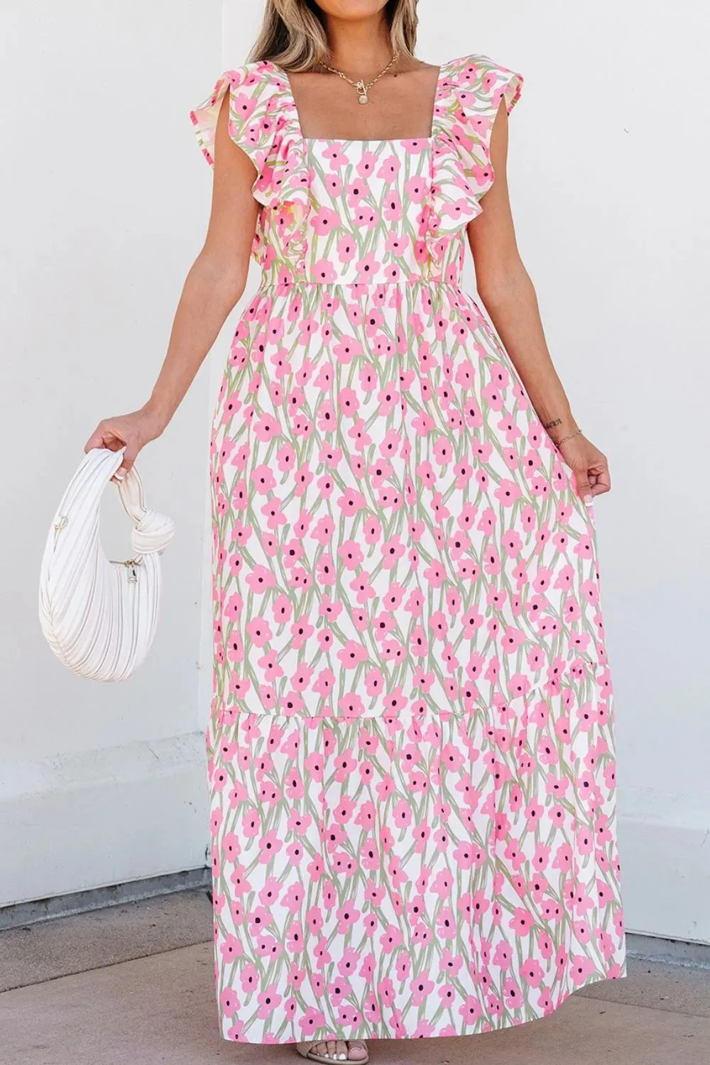 Floral Print Square Neck Ruffled Cap Sleeve Maxi Dress sold by Gigi Laurent product image thumbnail 5