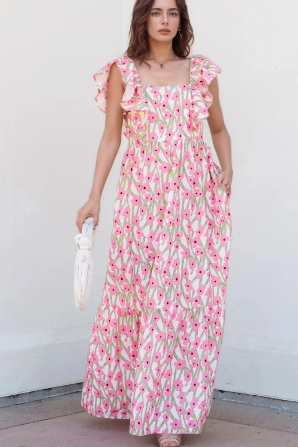 Floral Print Square Neck Ruffled Cap Sleeve Maxi Dress sold by Gigi Laurent
