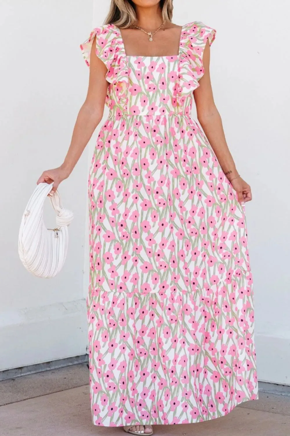 Floral Print Square Neck Ruffled Cap Sleeve Maxi Dress sold by Gigi Laurent product image thumbnail 3
