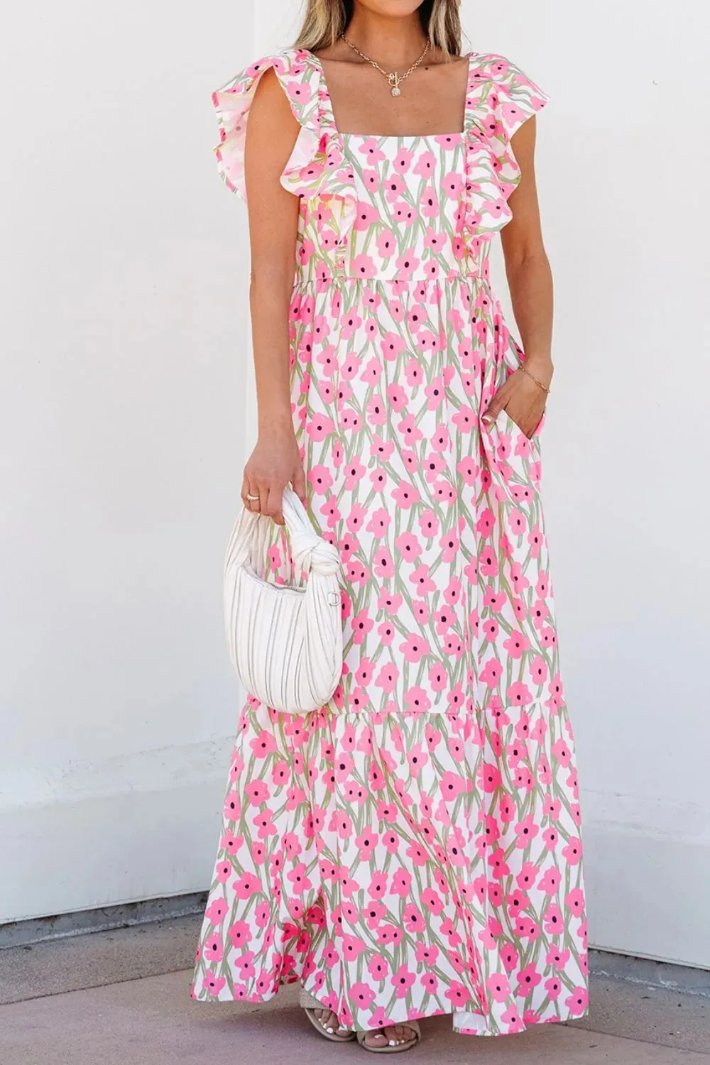 Floral Print Square Neck Ruffled Cap Sleeve Maxi Dress sold by Gigi Laurent product image thumbnail 2