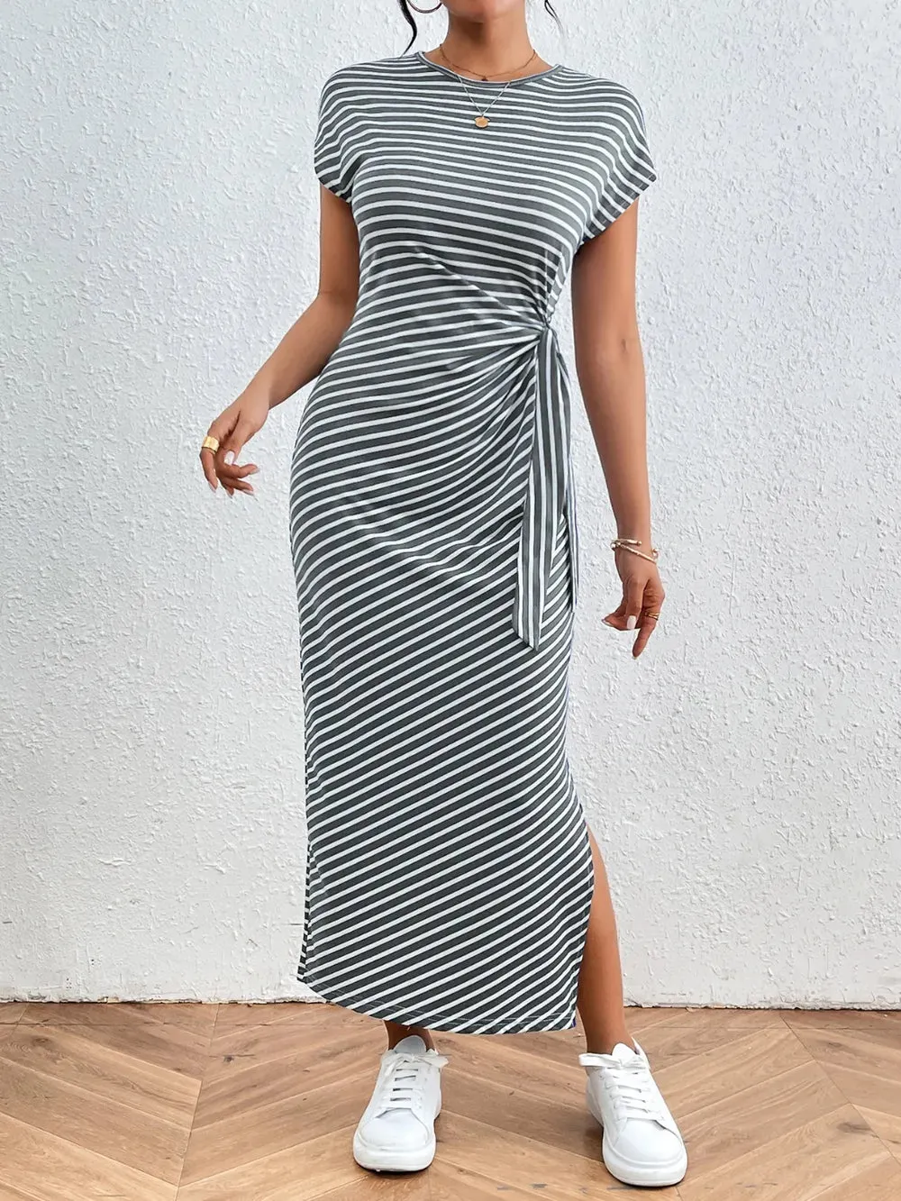Honey Tied Striped Round Neck Short Sleeve Tee Dress sold by Gigi Laurent