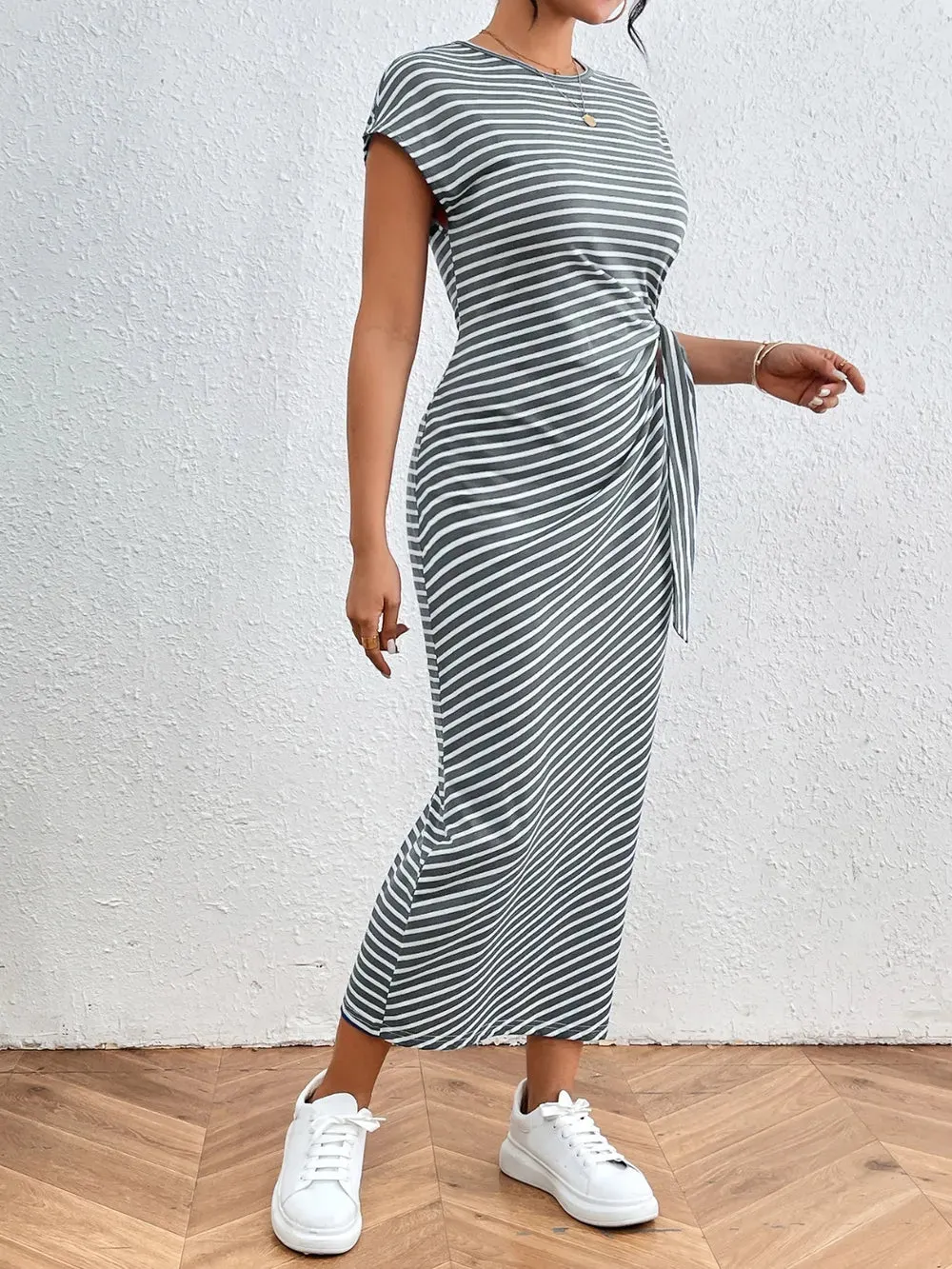 Honey Tied Striped Round Neck Short Sleeve Tee Dress sold by Gigi Laurent product image thumbnail 2