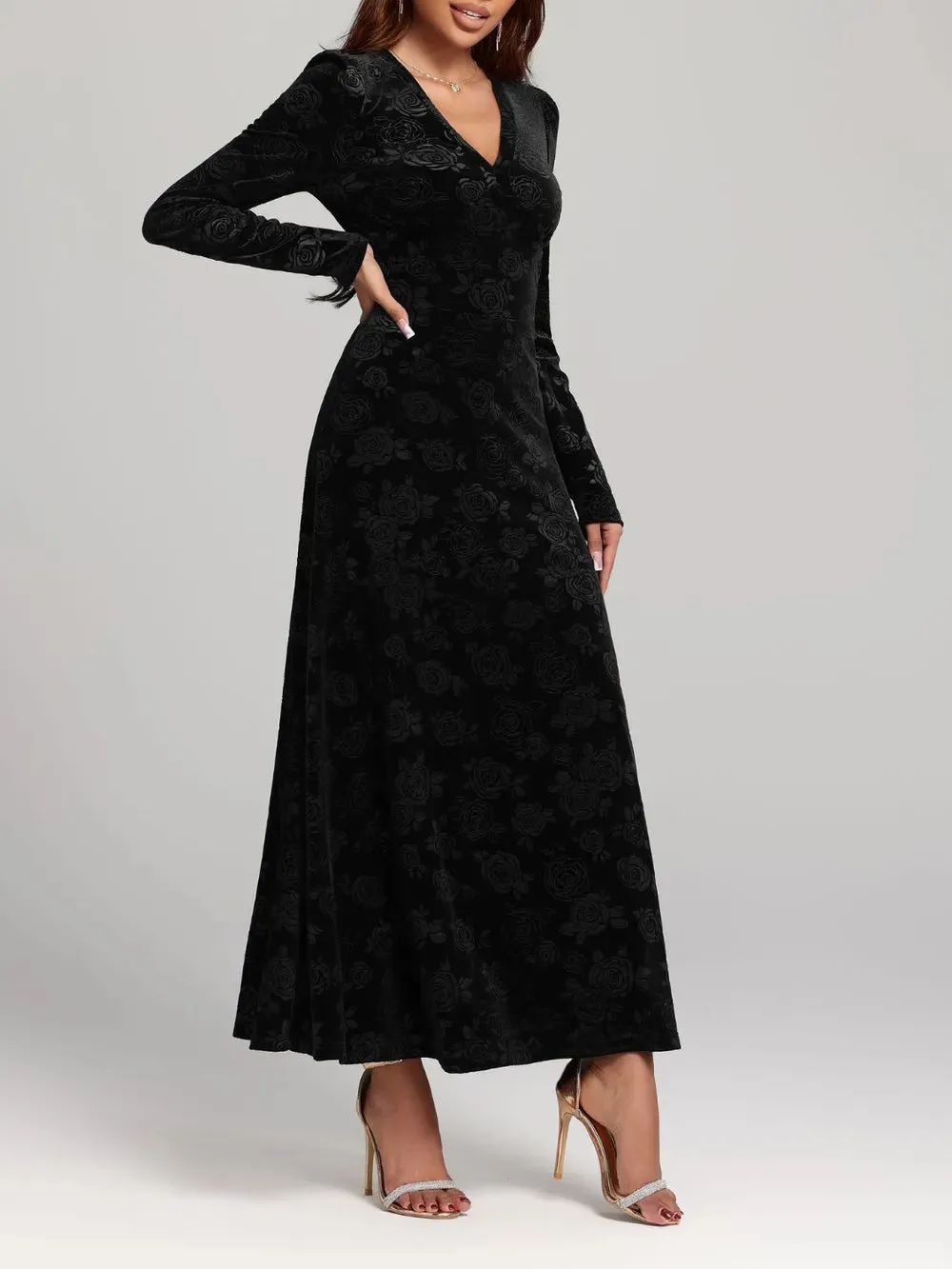Rose Print V-Neck Long Sleeve Dress sold by Gigi Laurent product image thumbnail 4