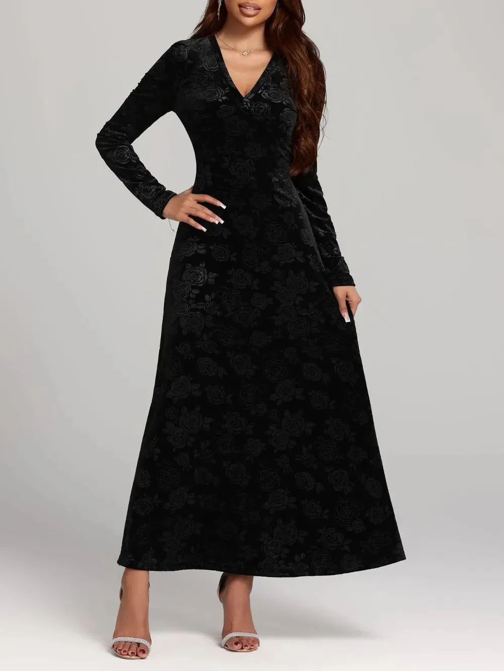 Rose Print V-Neck Long Sleeve Dress sold by Gigi Laurent product image thumbnail 3