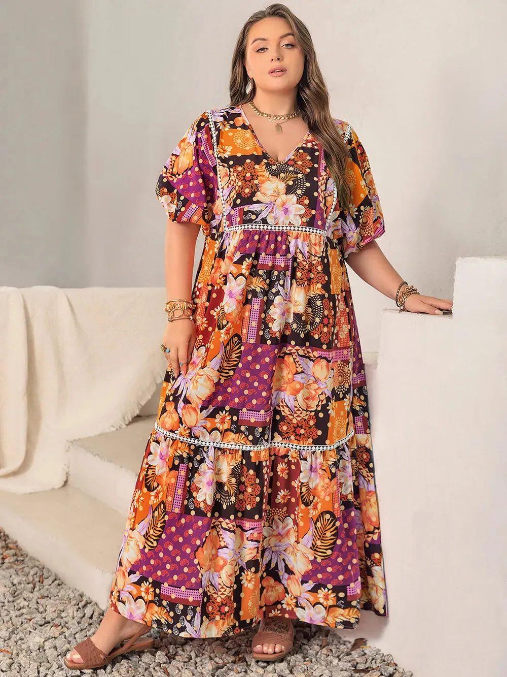 Plus Size Printed V-Neck Half Sleeve Maxi Dress sold by Gigi Laurent product image thumbnail 3