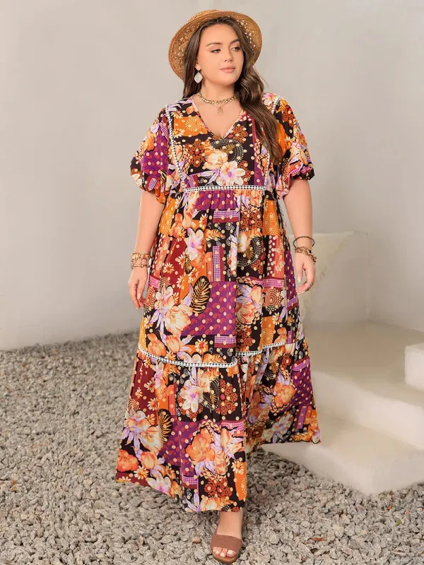 Plus Size Printed V-Neck Half Sleeve Maxi Dress sold by Gigi Laurent