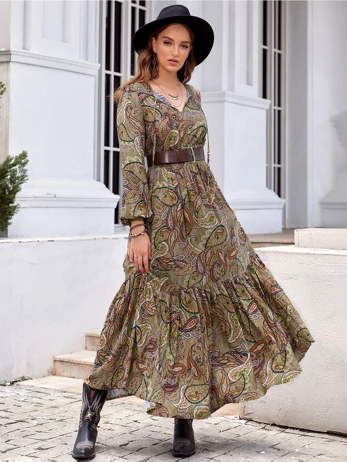 Printed Tie Neck Ruffle Hem Long Sleeve Dress sold by Gigi Laurent product image thumbnail 3