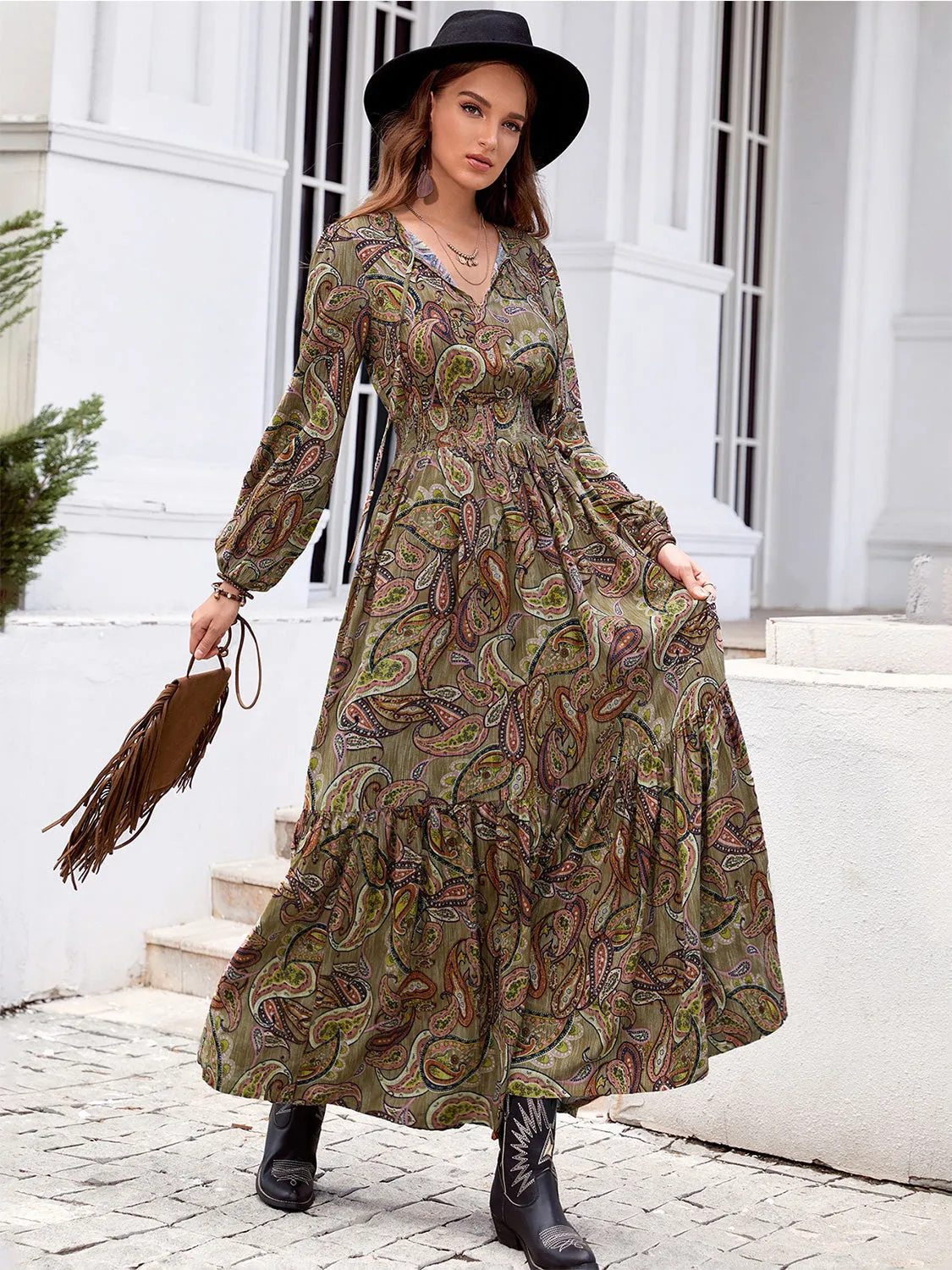 Printed Tie Neck Ruffle Hem Long Sleeve Dress sold by Gigi Laurent product image thumbnail 4