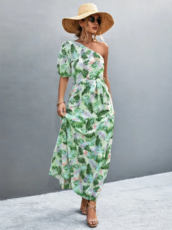 Printed Tie Waist One Shoulder Maxi Dress sold by Gigi Laurent
